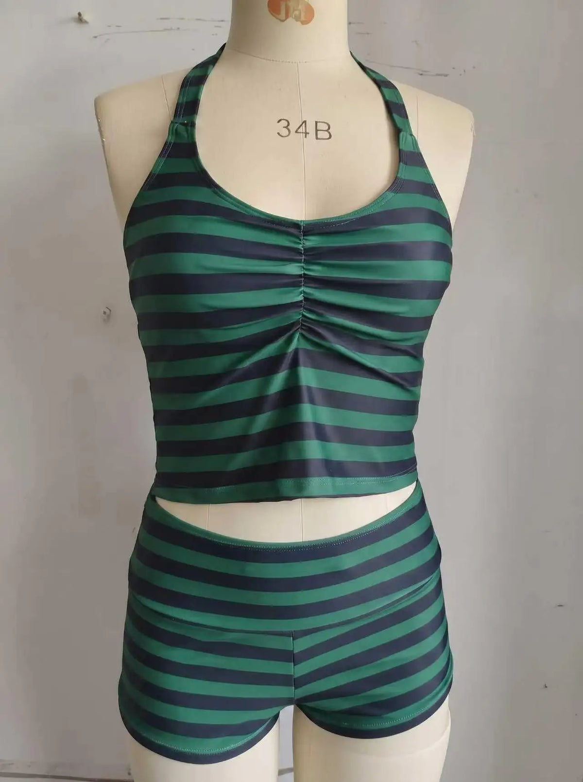Striped Halter Tankini Set – 2-Piece Ruched Top & Boyshort Swimsuit