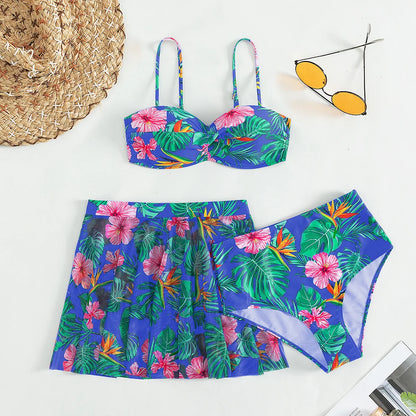 Cikini-Women's Tropical Print Push Up Bikinis Set, Swimsuit with Beach Skirt, Swimwear, Summer Bathing Suit