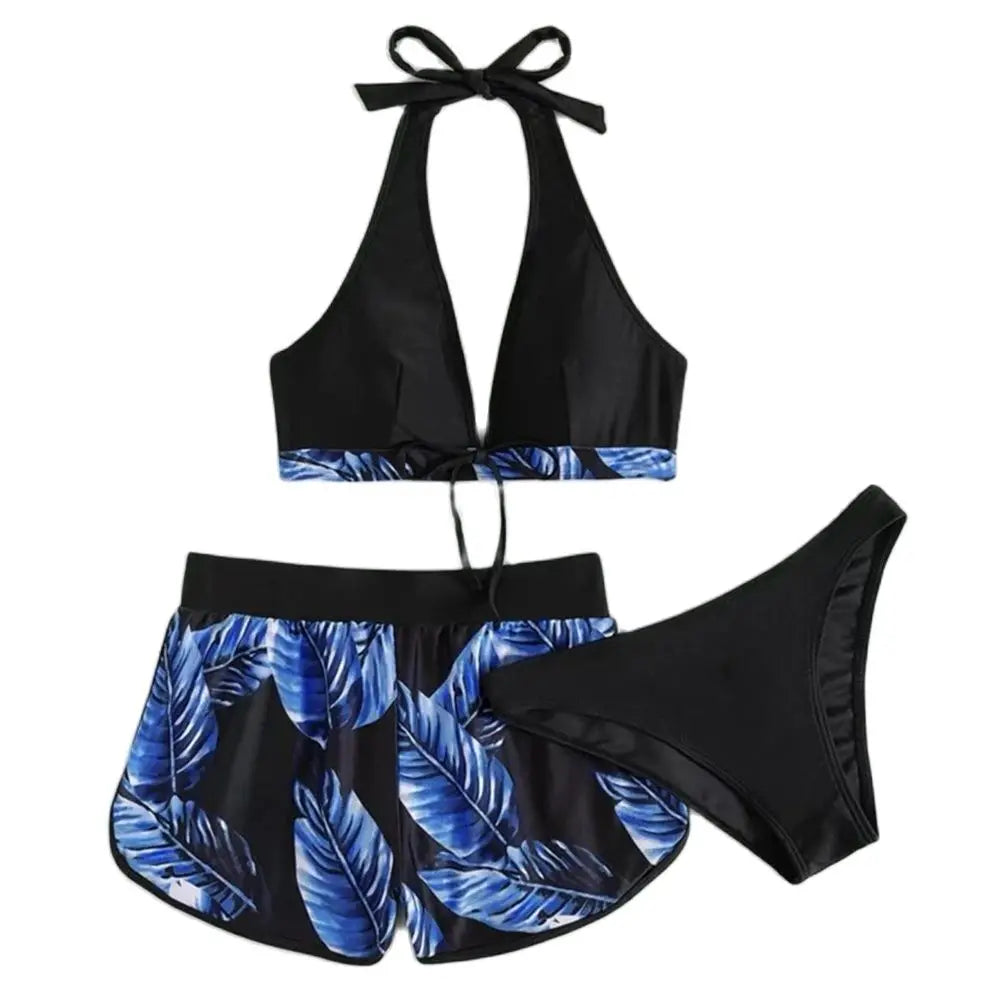 Women Tankini Bikinis 6 Colors Halter Bikini 3 Piece Set Leaf Print High Waisted Swimsuit Beach Bathing Suit Size S-XXL