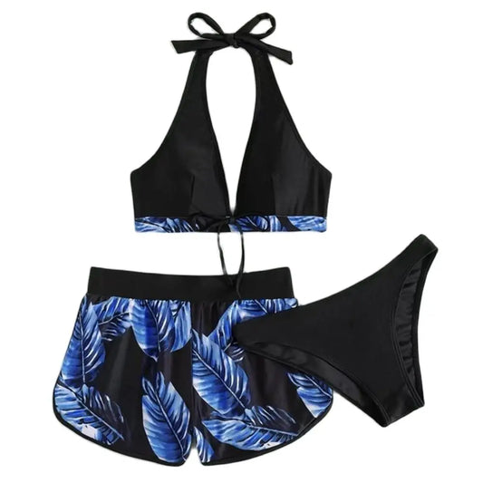 Women Tankini Bikinis 6 Colors Halter Bikini 3 Piece Set Leaf Print High Waisted Swimsuit Beach Bathing Suit Size S-XXL