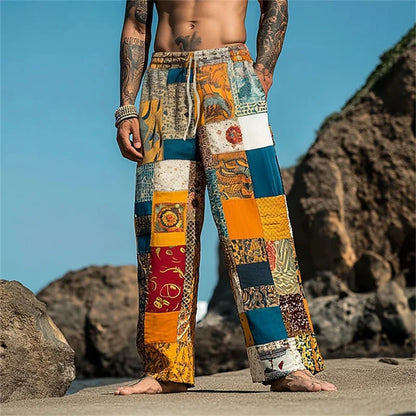 Men's Casual Patchwork Print Drawstring Straight-Leg Pants Relaxed Fit Hawaiian Vacation Trousers Comfortable And Breathable