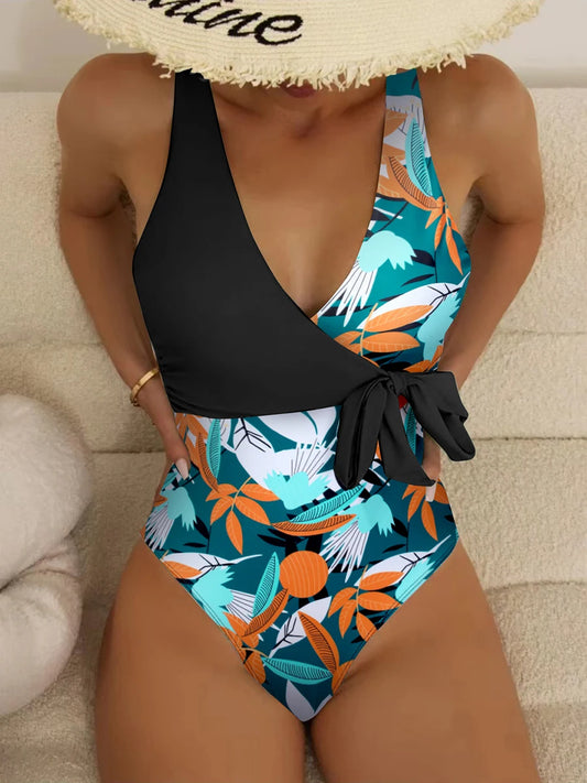 Tropical Print Swimsuit One Piece Knot Side Belted Swimwear Women Padded Bathing Suit Female Swimming Summer Beachwear