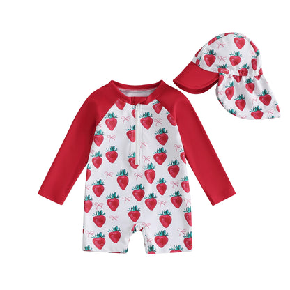 Toddler Girl Long Sleeve Swimsuit Floral/Bow/Strawberry Print Half Zipper Non-Pilling Rash Guard Swimwear Sunhat Set