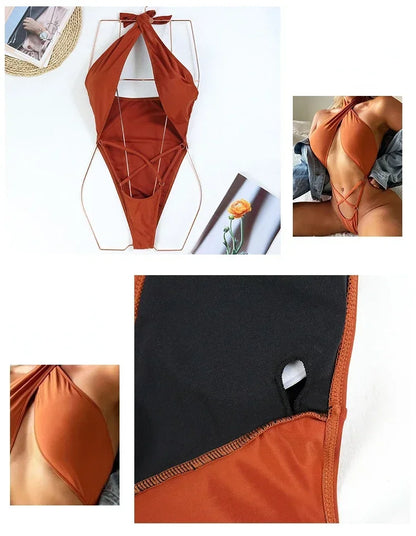 One Piece Swimsuit Swimwear Women Cross Halter Hollow Solid One-piece Bathing Suit Beachwear