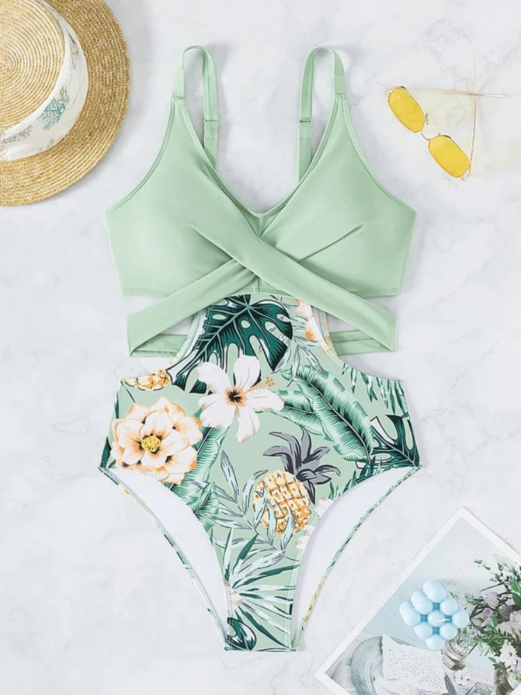 Flower Print Green One Piece Swimsuit for Women, high Waist Cross Hollow Out Swimwear, V-neck Suspender Beachwear
