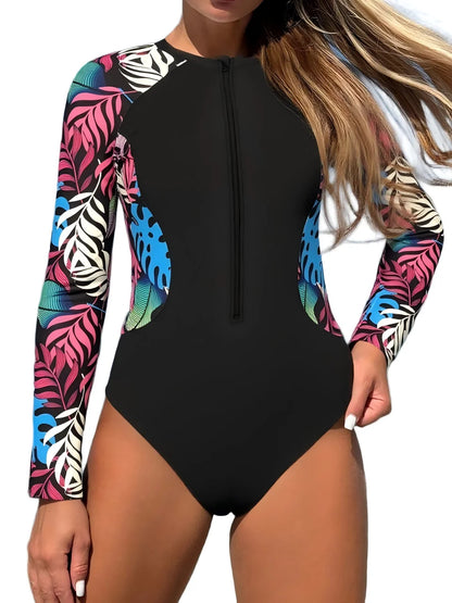 Long Sleeve Surfing Swimwear Women One Piece With Zipper Swimsuit Rush guard Bodysuit Female Bathing Swimming Suit Beachwear