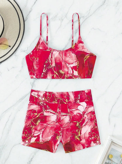 Two Pieces Marble Print Swimwear Women High Waist Swimsuit Summer Beach Wear Female Bathers Bathing Swimming Sport Suit