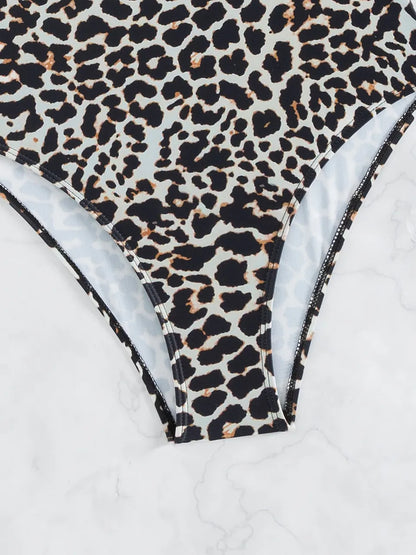 One Shoulder Leopard Swimsuit Women One Piece Ring Linked Swimwear Female Hollow Bodysuit Bathing Swimming Suit Beachwear