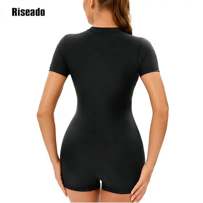 Short Sleeve Rash Guard Women Boyleg Sport One Piece Swimsuit Short Sleeve Athletic Swimwear Adult Bathing Suit for Training-Pool