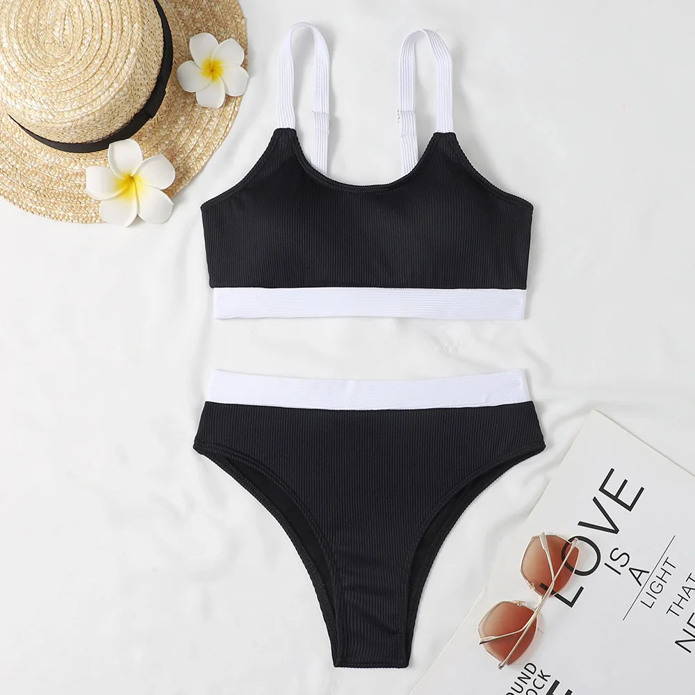Orange High Waist Bikini Swimsuits Push Up Swimwear Women Splicing Biquini Beachwear Ribbed Bathing Suits Female