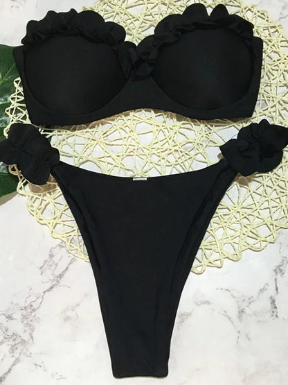 Leopard Ruffled Bra Cup Bikini Women Bandeau Swimsuit Female Swimwear Two Pieces Bikini Set High Cut Bathing Suit Swim