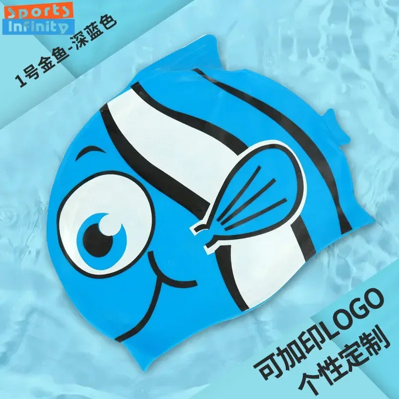Children's Swimming Caps Waterproof Cartoon Swimming Cap for Boys and Girls Universal Cartoon Fish Shaped Soft Silicone Swim Cap