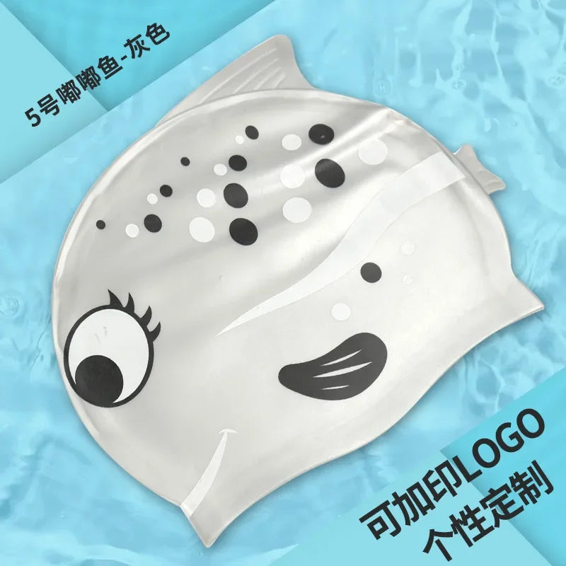 Children's Swimming Caps Waterproof Cartoon Swimming Cap for Boys and Girls Universal Cartoon Fish Shaped Soft Silicone Swim Cap