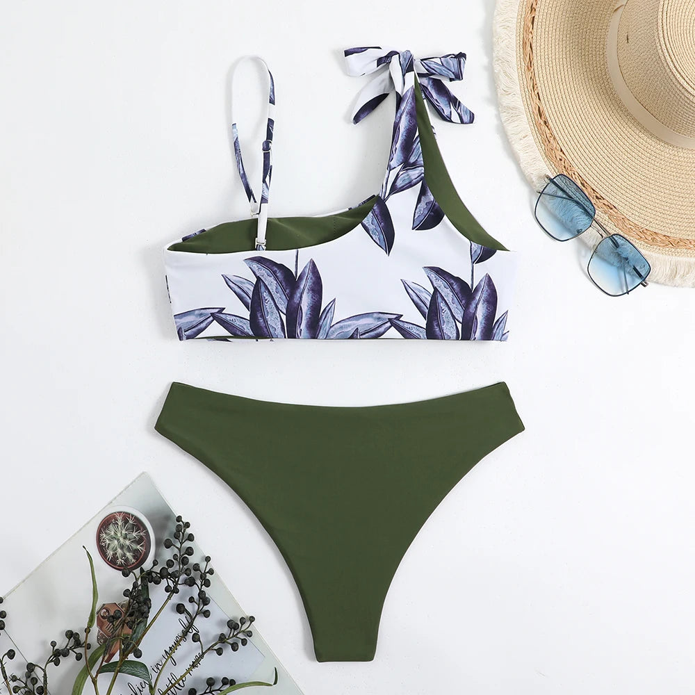 Asymmetric Print String Bikini Set Swimsuit Women Swimwear Female Bathers Bathing Swimming Swim Suit Beachwear Summer
