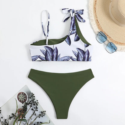 Asymmetric Print String Bikini Set Swimsuit Women Swimwear Female Bathers Bathing Swimming Swim Suit Beachwear Summer