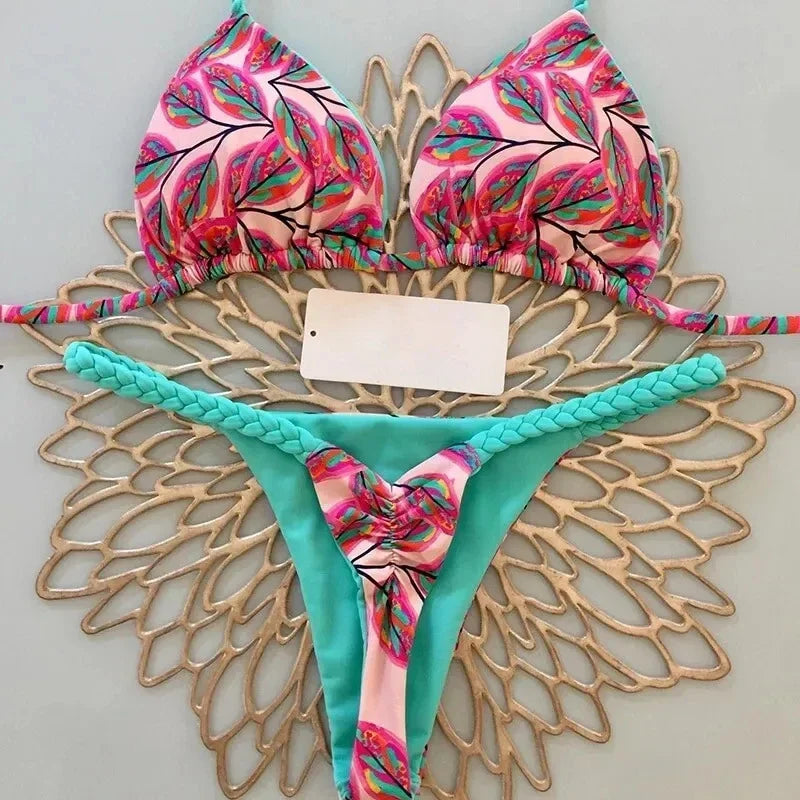 Swimwear Women Leopard Printed Bikini Set Striped Beachwear Summer Swimsuit Two-pieces Thong Bathing Suit Biquinis