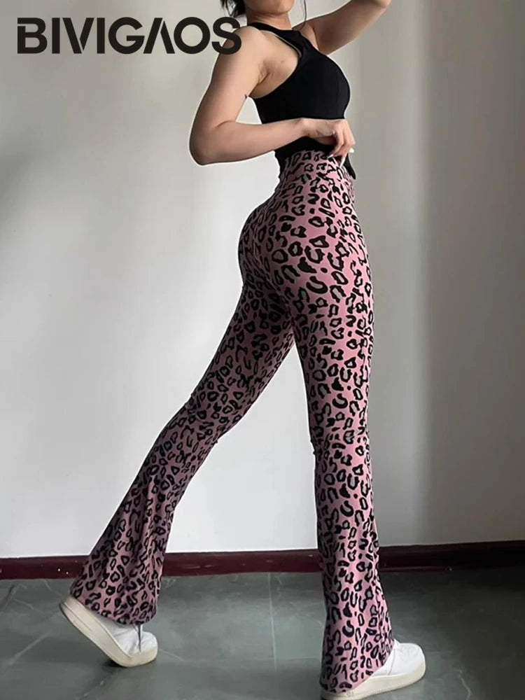 BIVIGAOS Spring Summer Leopard Print Flared Leggings Women Sharkskin High Waist Tight Sport Pilates Fitness Horseshoe Pants