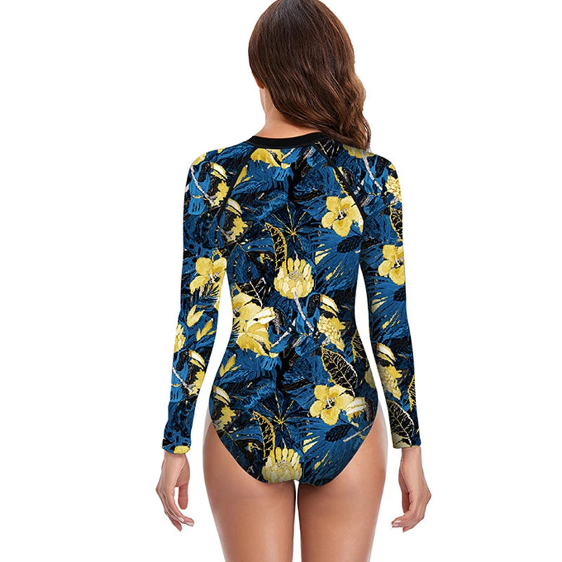 Womens Athletic One Piece Swimsuits Rashguard Long Sleeve Swimsuit Sports Surfing Swimwear Bathing Suits Printed Half Zipper XXL