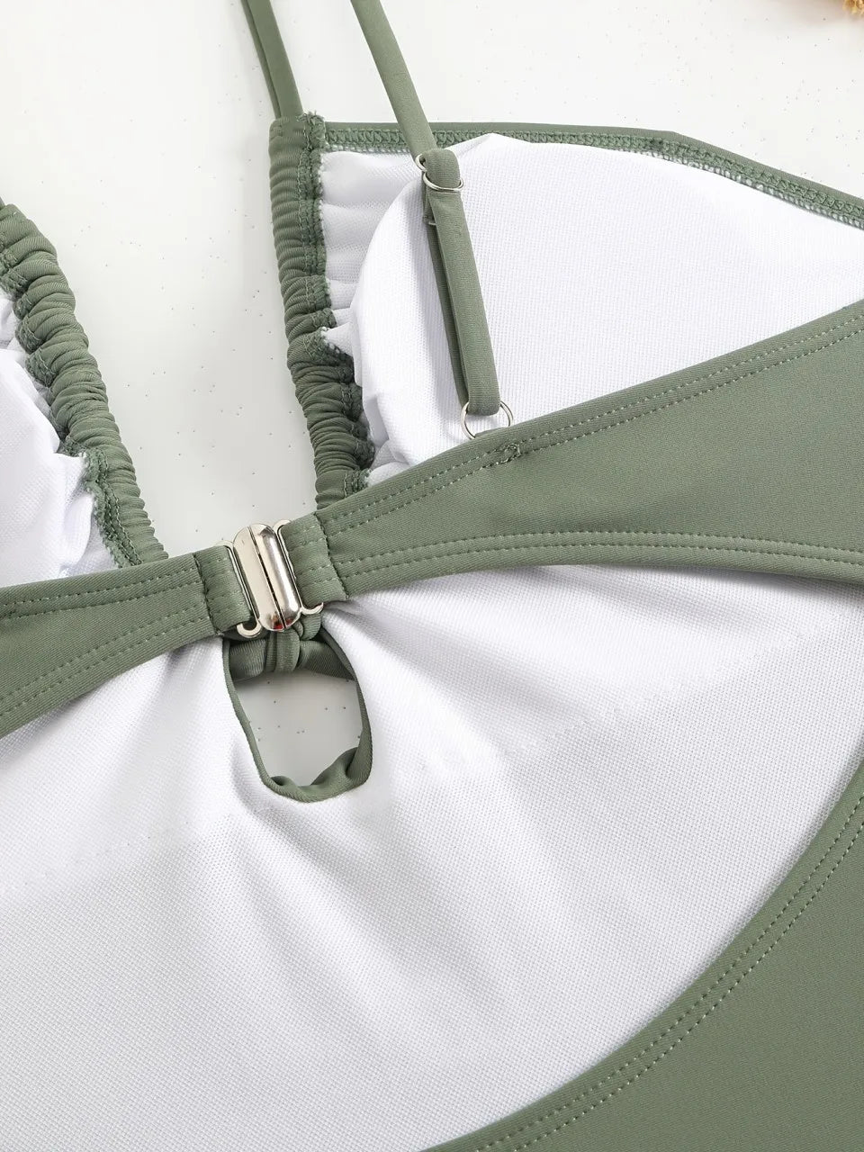 Slim Strappy Swimsuit One Piece Army Green Tie String Swimwear Female Bathers Bathing Swimming Suit Padded  Beachwear