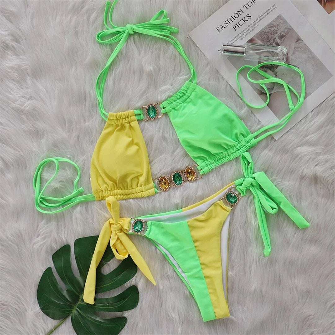 8 Colors Diamond Rhinestones Splicing Bikini Women Swimwear Female Swimsuit Two-pieces Bikini set Bather Bathing Suit Swim