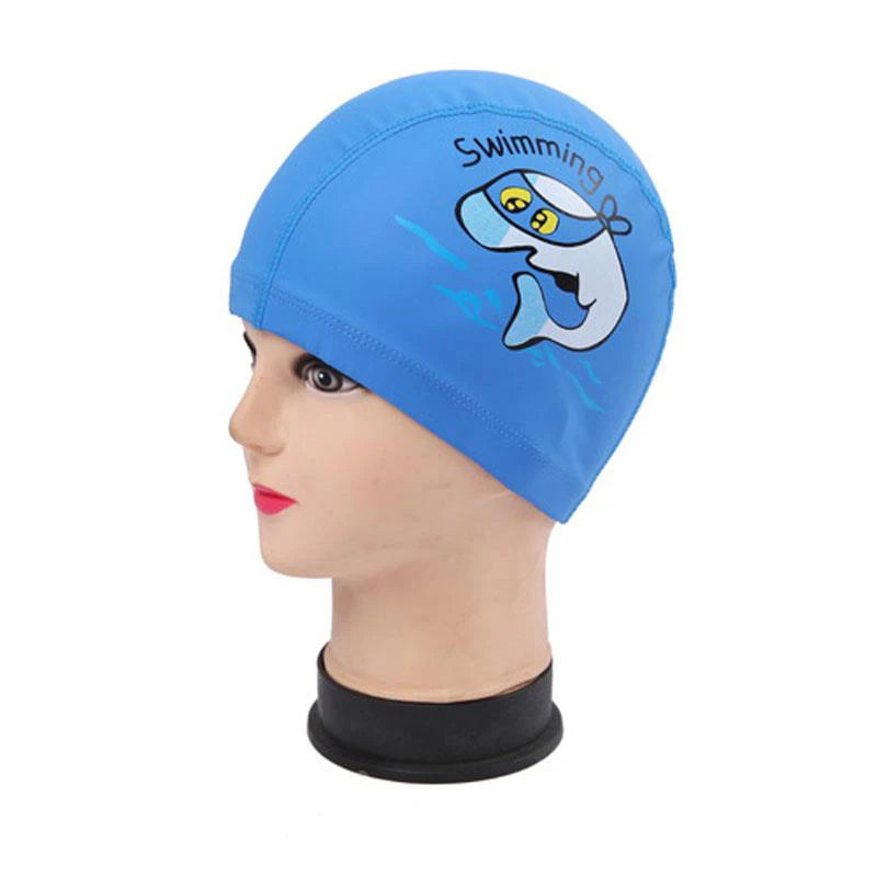Kids Children Swimming Cap Waterproof PU Fabric Cute Cartoon Animal Dolphin Protect Ears Long Hair Boys Girls Swim Pool Caps Hat