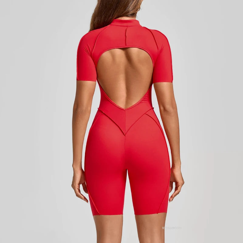 Women's Short-Sleeve Zip-Front Open-Back Workout Playsuit