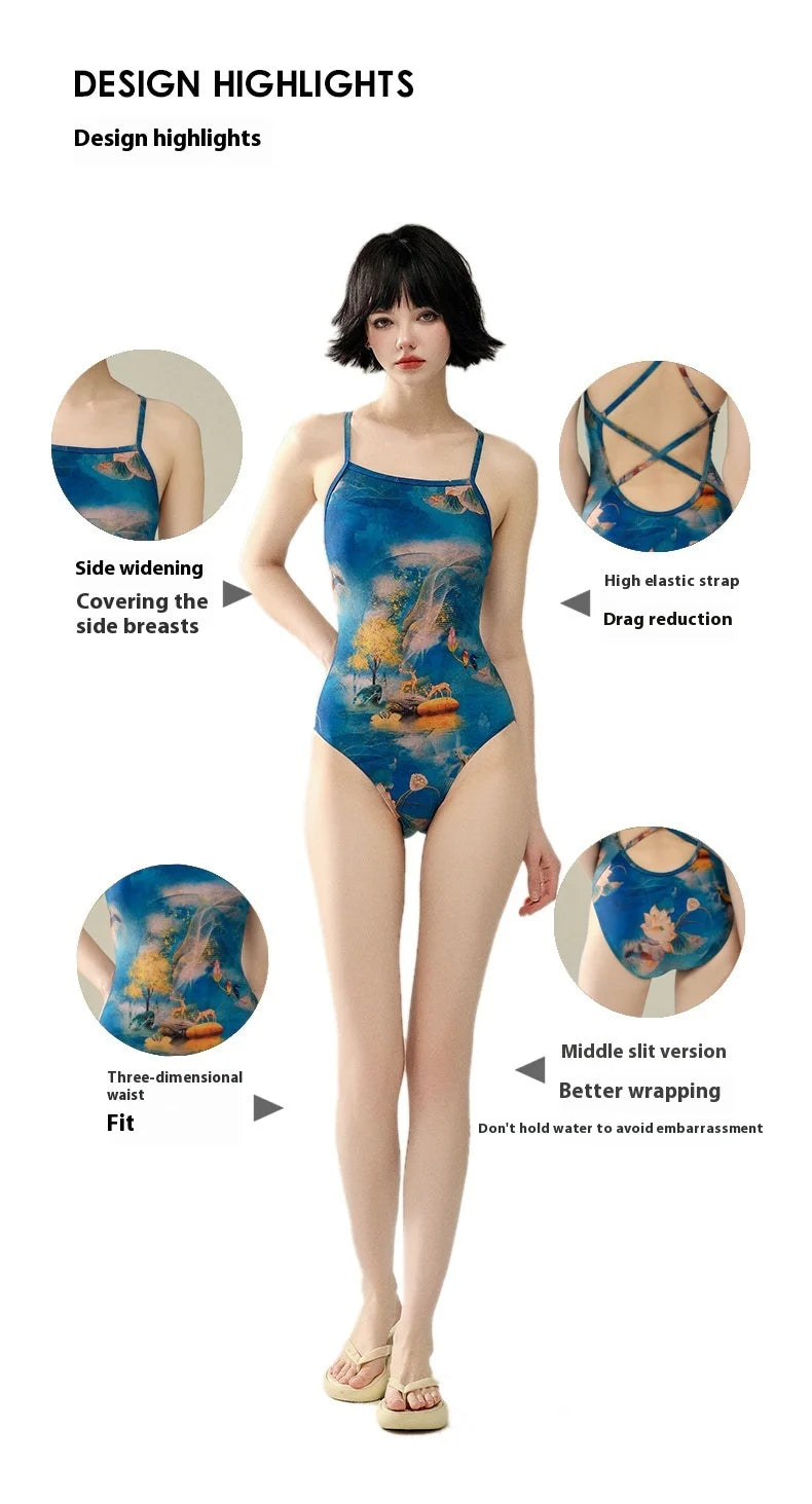 Bunny Bums Blue Flower Women Racing Swimsuit Training Special One-piece Swimsuit