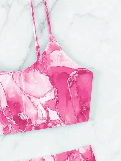 Two Pieces Marble Print Swimwear Women High Waist Swimsuit Summer Beach Wear Female Bathers Bathing Swimming Sport Suit
