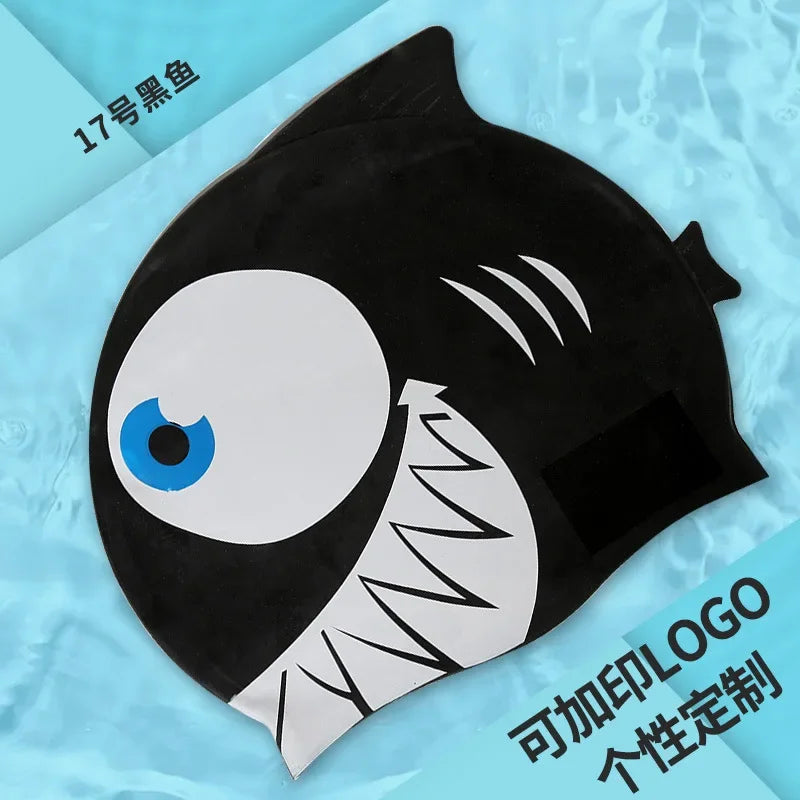 Children's Swimming Caps Waterproof Cartoon Swimming Cap for Boys and Girls Universal Cartoon Fish Shaped Soft Silicone Swim Cap