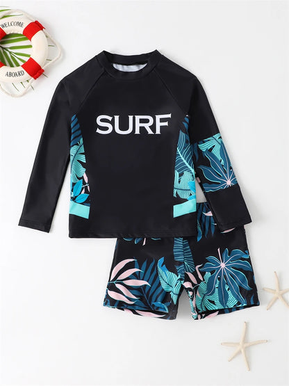 Boy Swimsuit Leaves Print Long Sleeve Children Swimwear Summer Two Piece Kids Beach Wear Swimming Bathing Suit Boys Men
