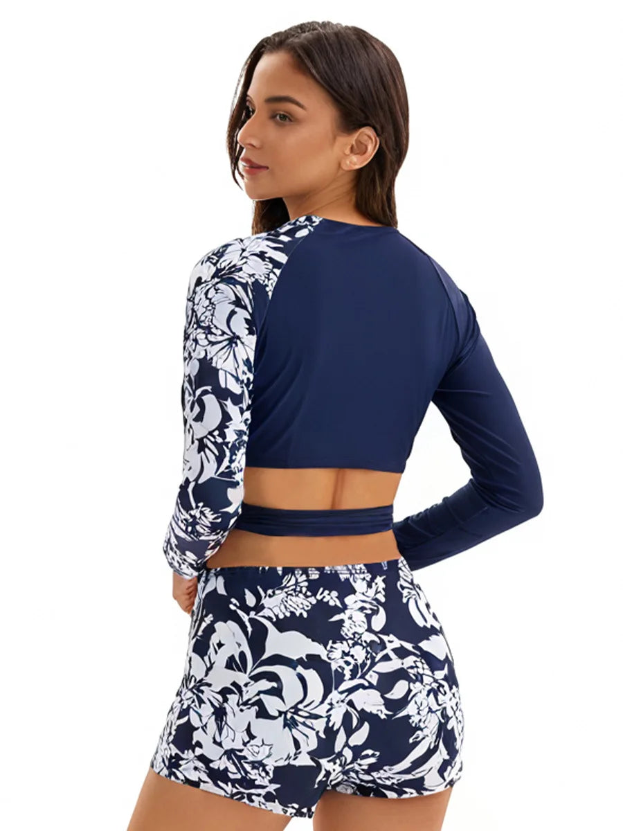 Long-Sleeve Two-Piece Rash Guard Swimsuit for Women, Printed, Conservative, Sun-Protective Surf Suit, High-Waist