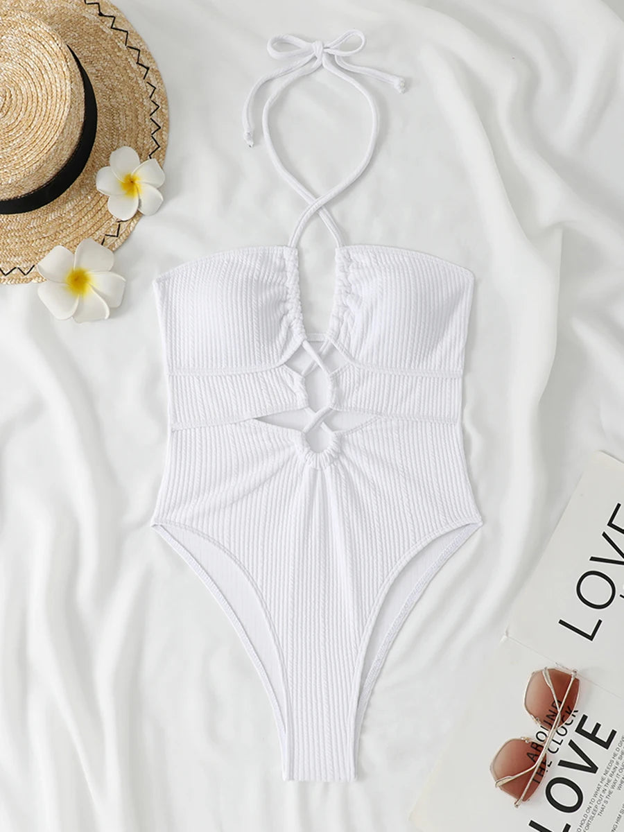 Halter Swimsuit One Piece Solid Hollow Swimwear Women Bathers Bathing Swimming Swim Suit Female Beachwear Bodysuit