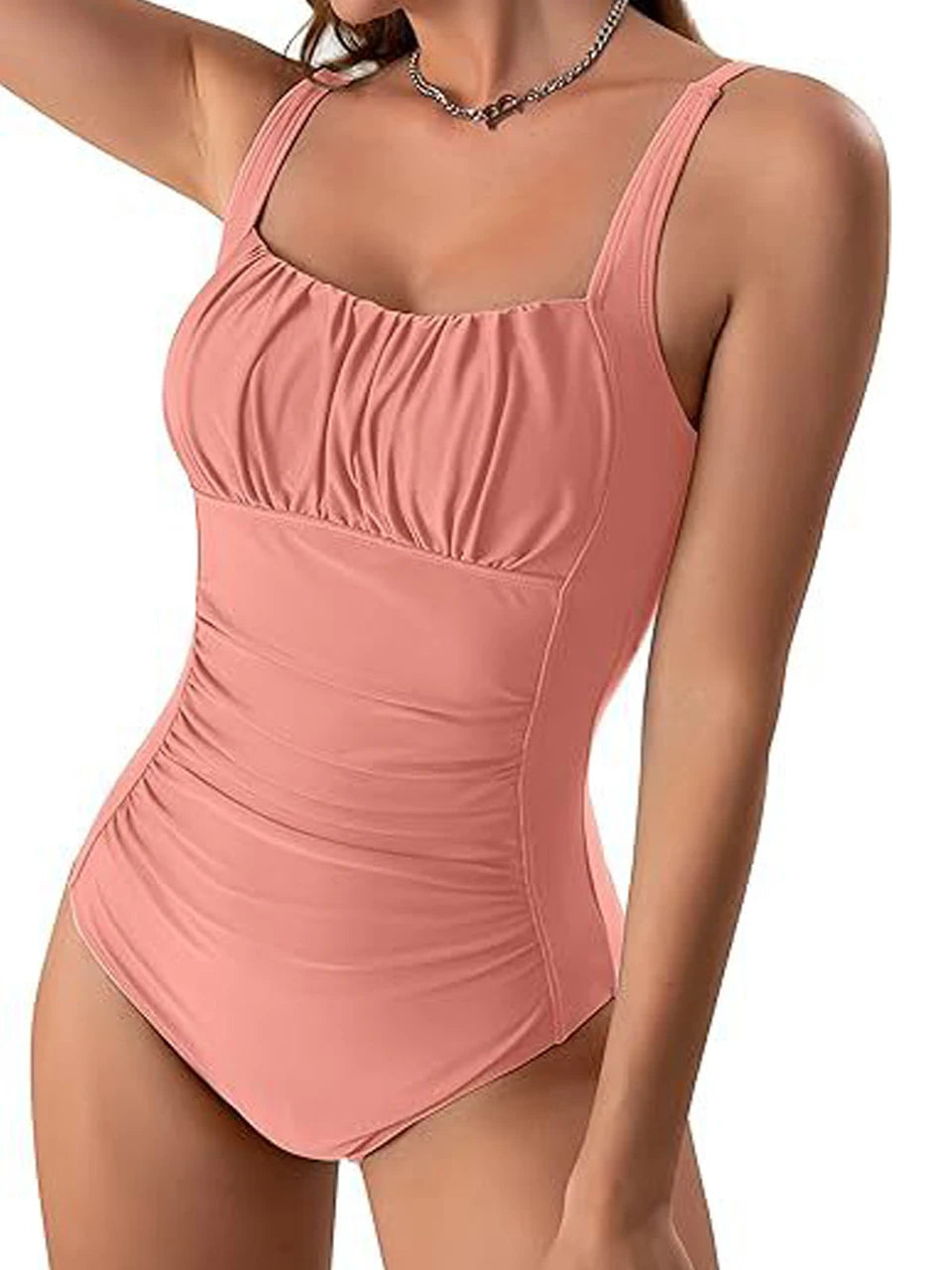 One Piece Ruched Front Swimsuit Women Vintage Solid Print Swimwear Padded Bathing Bodysuit Bathers Swimming Beachwear Summer