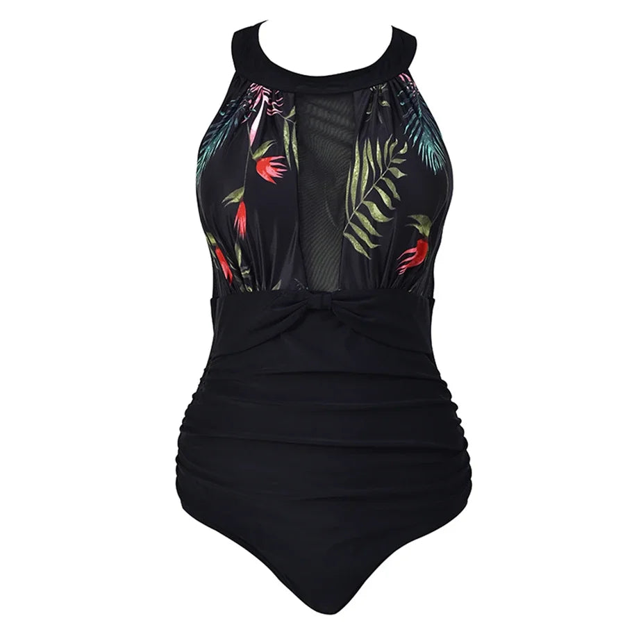 Women's High-Neck Mesh-Insert One-Piece Swimsuit