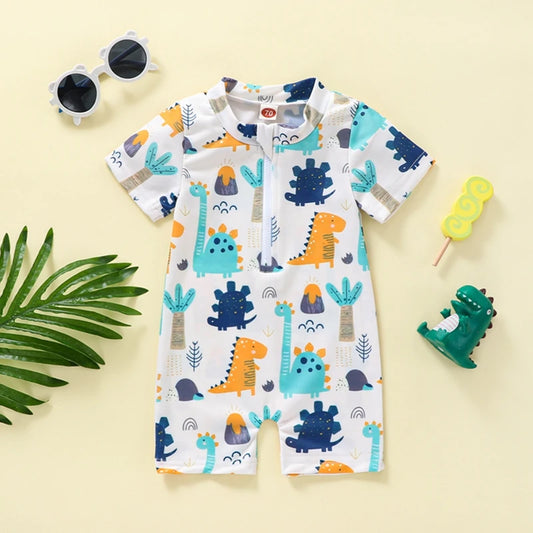 0-4Years Kids Boys Summer Swimsuit Cartoon Dinosaur Printed Short Sleeve Zipper Swimwear Jumpsuit Beach Bathing Suits