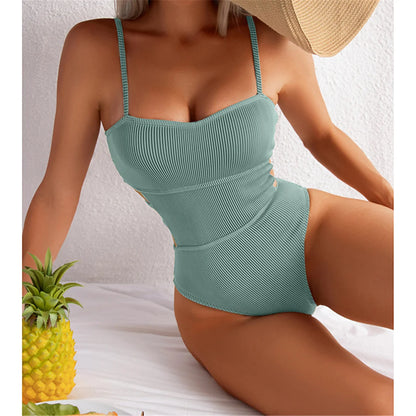 S - XL 11 Colors Ribbed Cut Out One Piece Swimsuit Women Swimwear Female High Leg Cut Padded Bather Bathing Suit Swim Lady