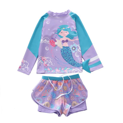 Girls Swimwear Long Sleeve Mermaid Swimming Suit Two Pieces Rash Guard Set Bathing Suit Kids Children's Swimsuit Girl 4-11 Years