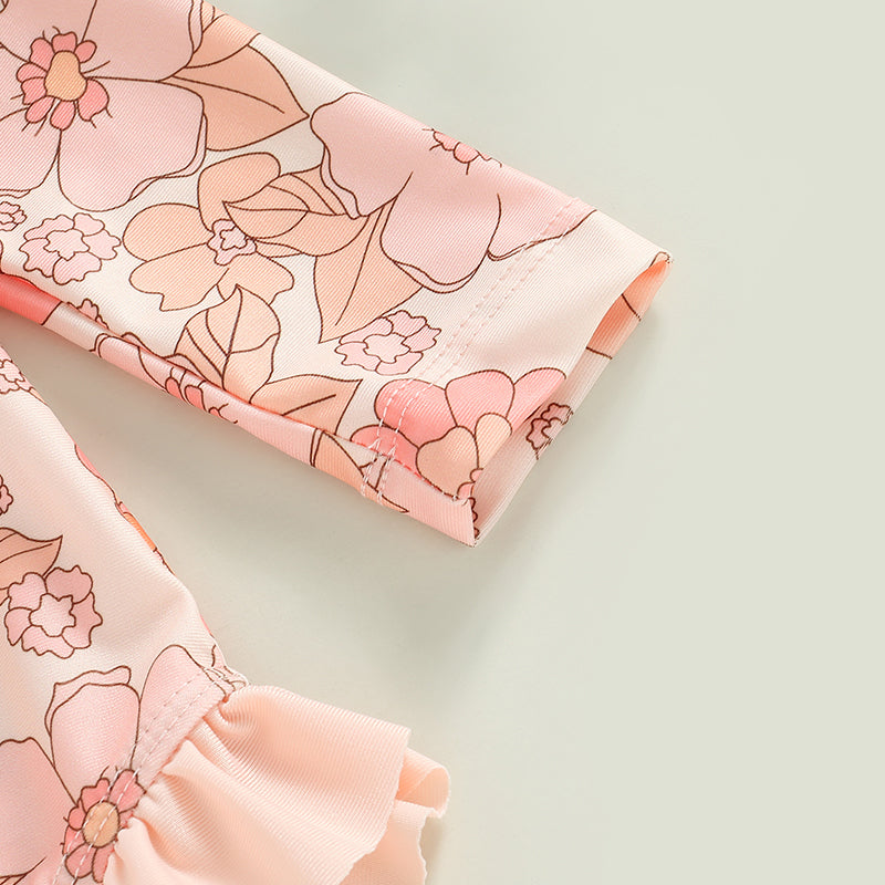 0-4Y Toddler Baby Girl Swimsuit Romper 4 Colors Flower Print Long Sleeve Ruffle Bikini Bathing Suit