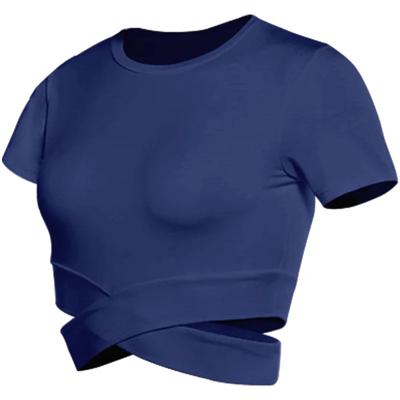Aiithuug Waist Yoga Short Sleeve Crisscross Waist Breathable Gym Shirts Sports Tops Workout Fitness Crop Top Yoga Top