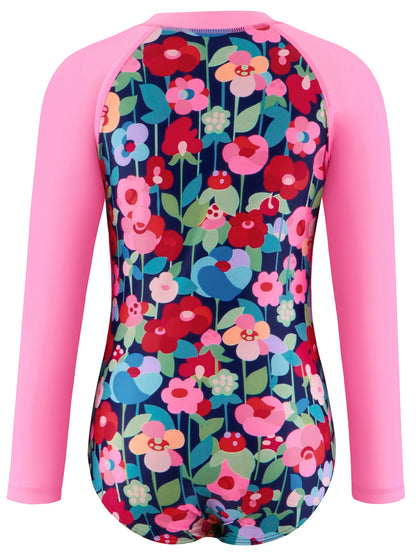 Kids Girls Swimwear One-Piece Swimsuits Summer Floral Print Long Sleeve Zipper Jumpsuit Beachwear Bikini Cut Bottom Swimming Top
