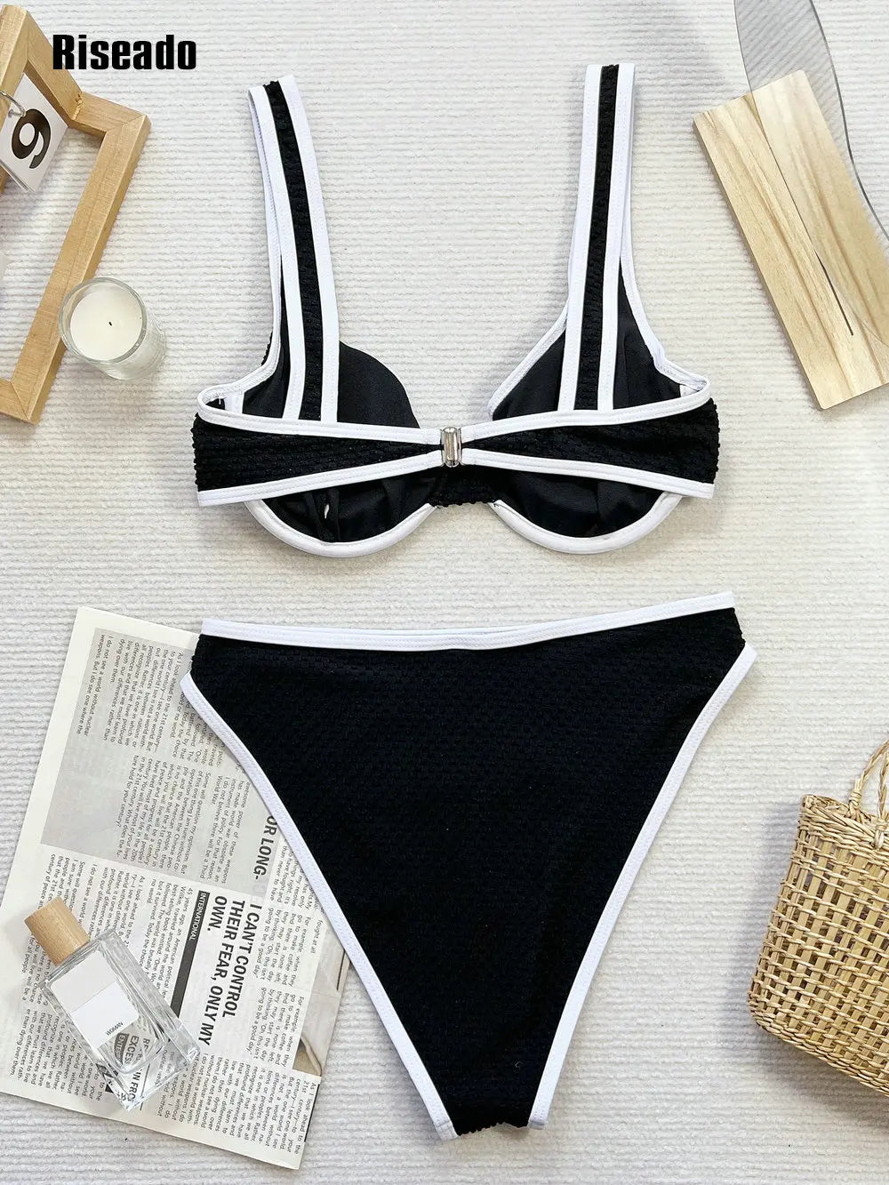 Textured High Cut Push Up Bikini Set with Lace Up Back Padded Two Piece High Waist Swimsuit Swimwear for Women
