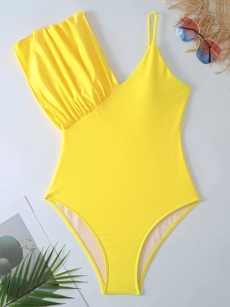 Solid Asymmetric Swimsuit Women One Piece Yellow Swimwear Female Beachwear Bathers Bathing Swimming Swim Suit