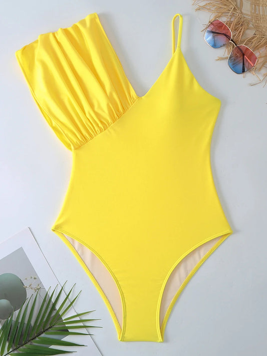 Solid Asymmetric Swimsuit Women One Piece Yellow Swimwear Female Beachwear Bathers Bathing Swimming Swim Suit