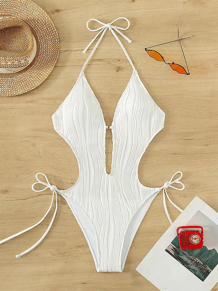 Cikini-Cut Out Tie Side Halter Swimsuit for Women, Monochromatic, Beach Swimwear, Bathing Suit, Summer