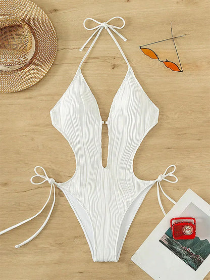 Cikini-Cut Out Tie Side Halter Swimsuit for Women, Monochromatic, Beach Swimwear, Bathing Suit, Summer