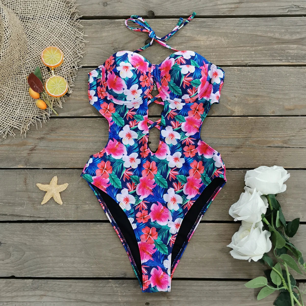 One Piece Swimsuit Female Push Up Swimwear Print Bathing Suit Summer Beachwear Hanging Neck Swimming Suit
