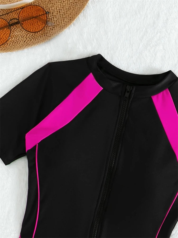 One Piece Swimsuit Women  Black Short Sleeves Zippers Swimwear Boxer Shorts Bodysuit Monokini Beach Bathing Suit Female