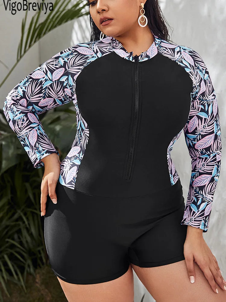Patchwork Plus Size Swimwear Long Sleeve Rash Guard Women Curvy One Piece Swimsuit Lady Big Bathing Suit
