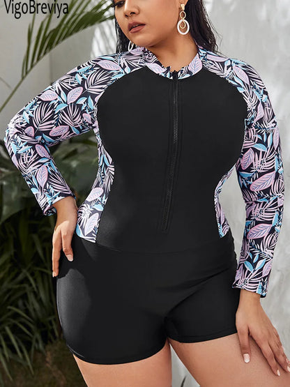 Patchwork Plus Size Swimwear Long Sleeve Rash Guard Women Curvy One Piece Swimsuit Lady Big Bathing Suit