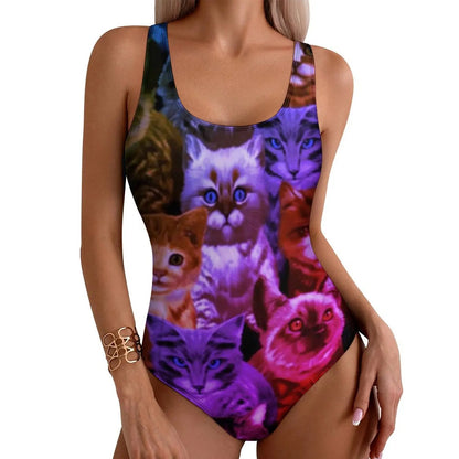 Funny Cat Swimsuit Colorful Cats Pop Art Swimwear One-Piece Fitness Bodysuit Cut Out Bathing Suits Ladies Push Up Beachwear